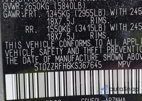 2019 Toyota Highlander Le z USA, uszkodzony, nr VIN 5TDZZRFH6KS367645